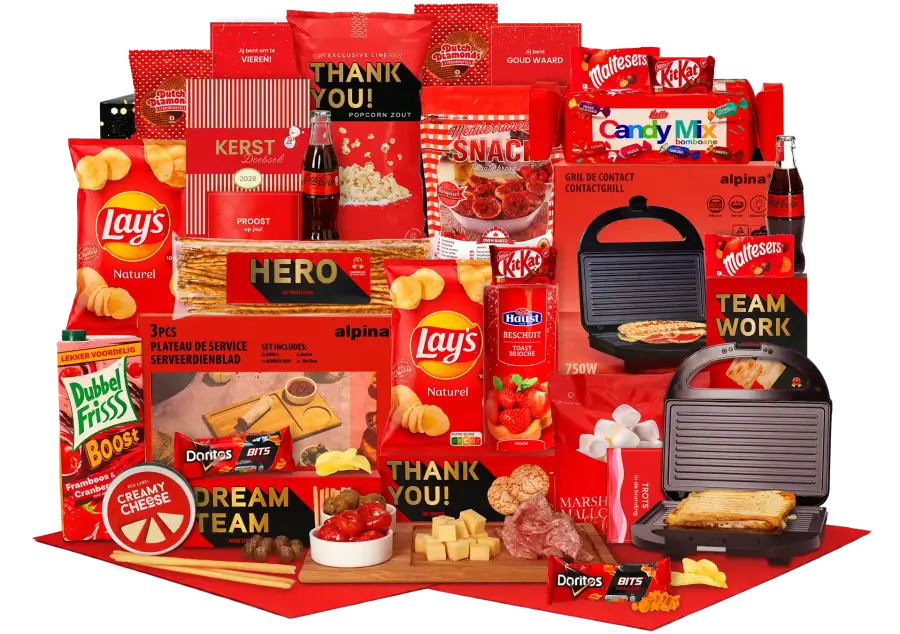 Royaal origineel gevuld kerstpakket met een tosti-ijzer, borrelplankje en diverse A-merk snacks, kaas en dranken