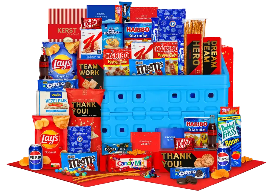 Luxe royaal gevuld kerstpakket met een blauwe vouwkrat, diverse zoete, hartige A-merk snacks en Pepsi en Coca Cola