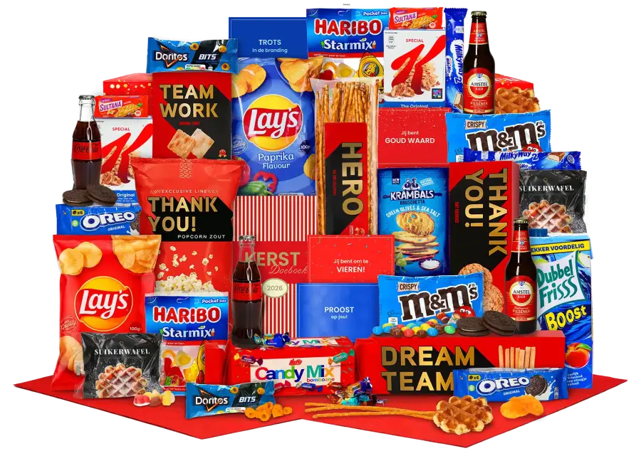 Goed gevuld populair kerstpakket met diverse A-merk producten zoals: Haribo, M&M, Coca Cola en Amstel bier