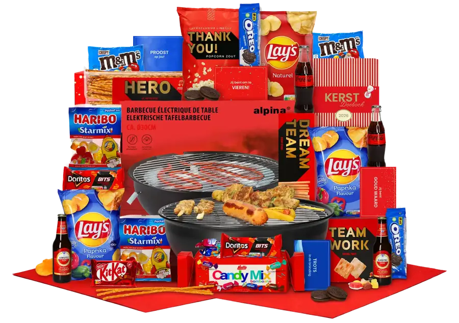 Luxe royaal gevuld kerstpakket met een elektrische tafel BBQ met diverse A-merk snacks en dranken met daarbij twee flesjes Amstel bier