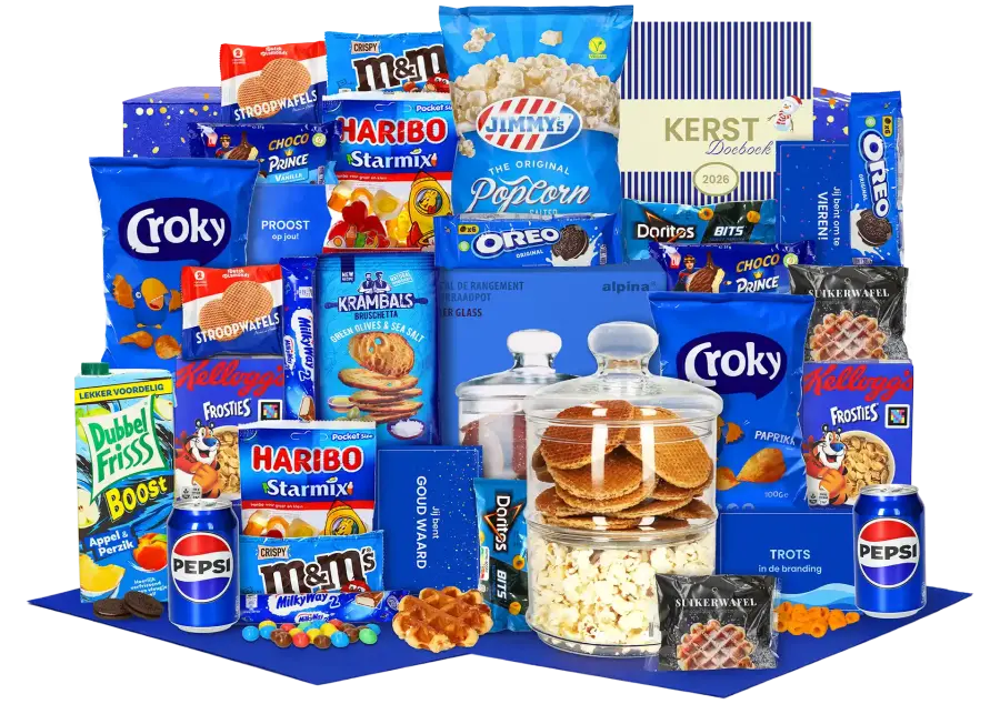 Goed gevuld kerstpakket met een twee-laags opbergpot met daarbij verschillende zoete en hartige A-merk snacks en dranken