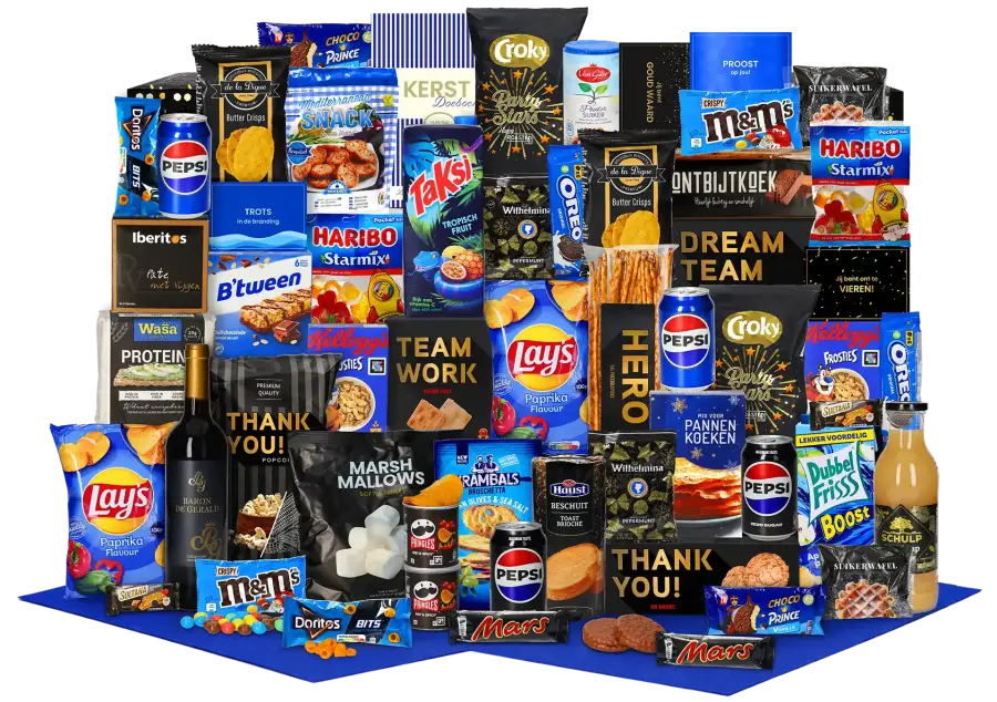 Luxe royaal gevuld kerstpakket met rode wijn en veel zoete en hartige A-merk happen en dranken