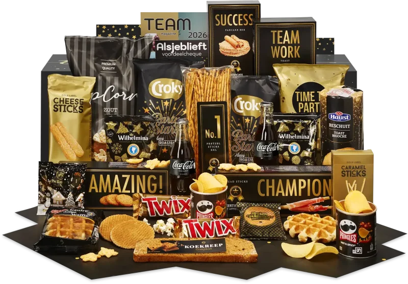 Amuse kerstpakket met diverse snacks en cadeaus