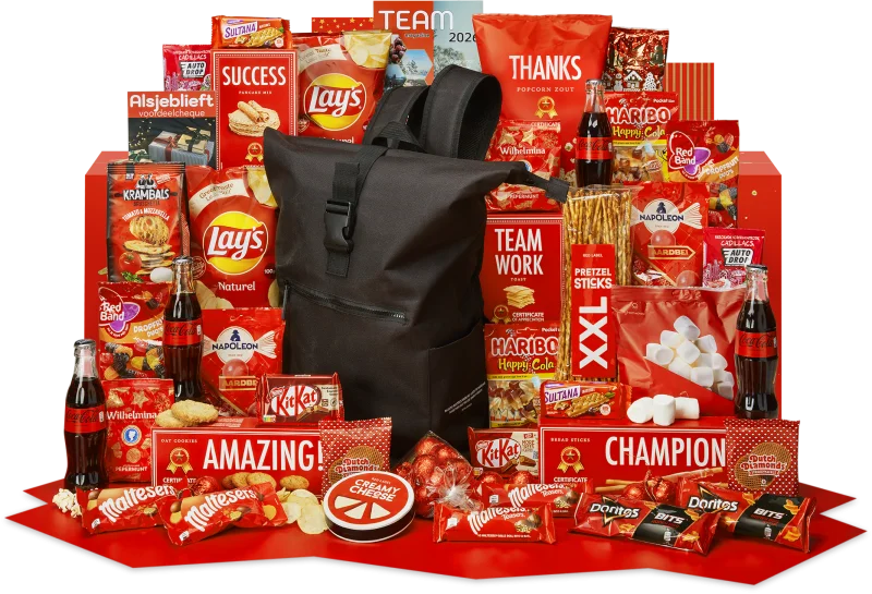 Backpack kerstpakket met diverse lekkernijen en rugtas