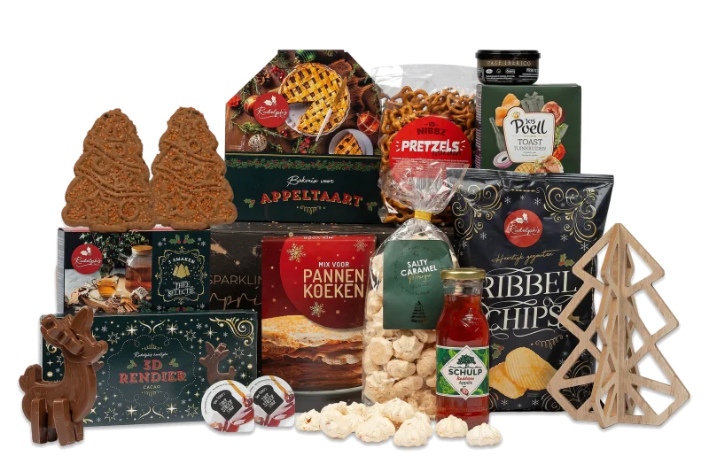 Feestelijke doos met diverse lekkernijen en kerstartikelen.