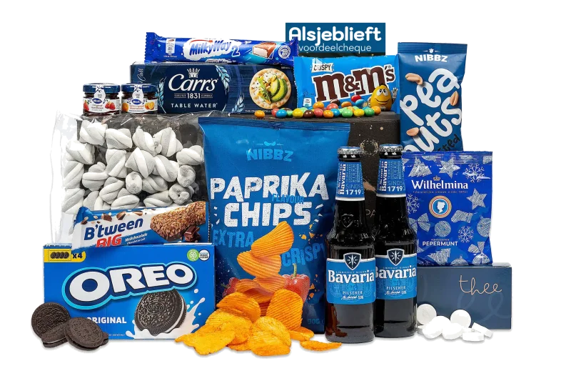 Blauw festijn kerstpakket met diverse lekkernijen