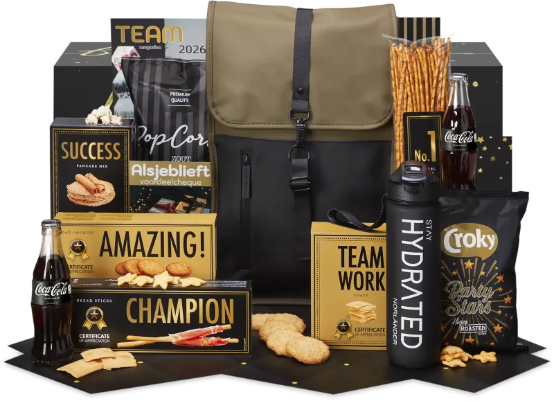 Business trip kerstpakket met rugtas en snacks