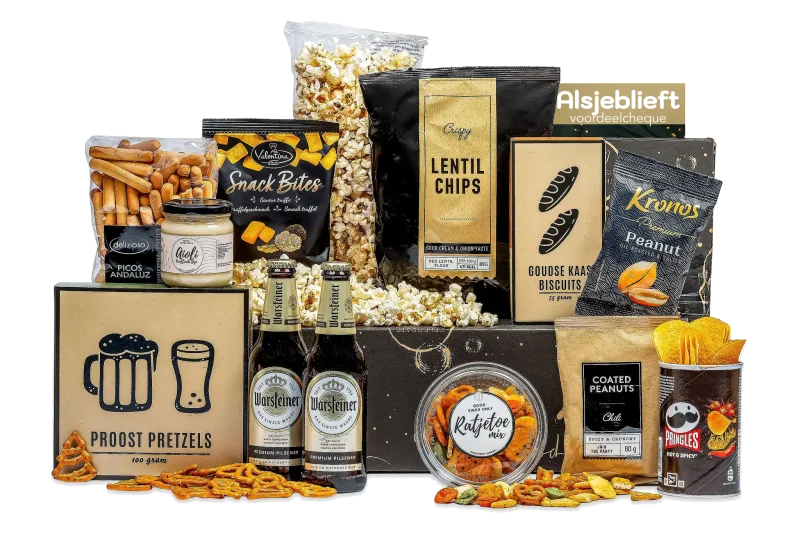 Cheers! kerstpakket met bier en snacks in feestelijke doos
