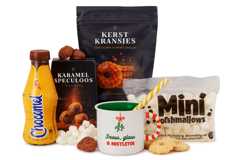 Choco kerstpakket met mok, Chocomel en lekkernijen