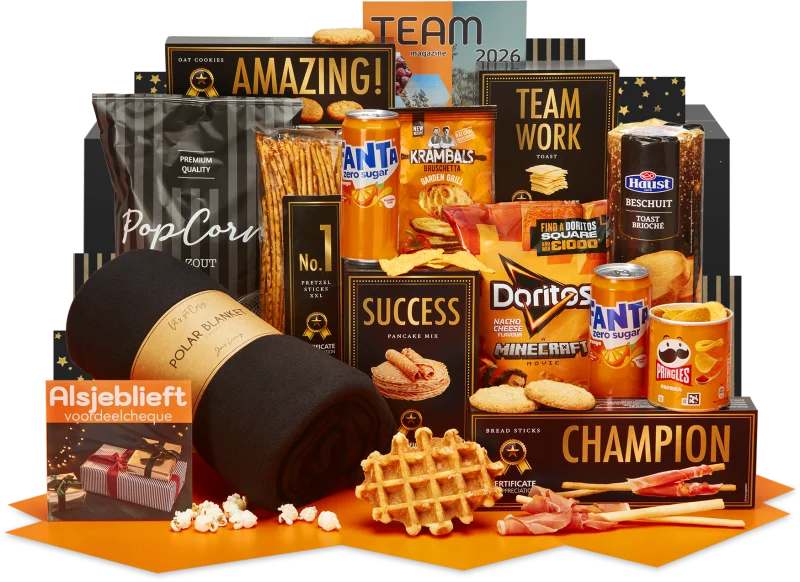 Cozy orange kerstpakket met dekentje en lekkernijen