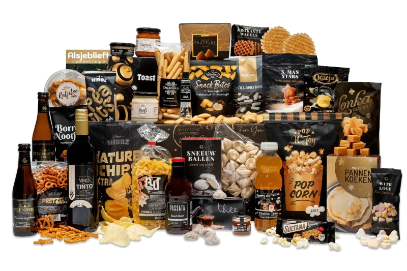 Feestelijke Dikke bak kerstpakket met snacks en dranken