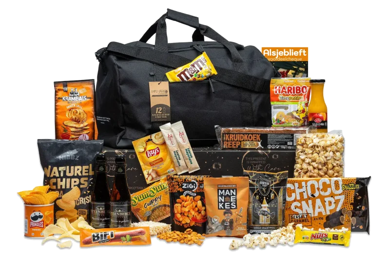 Kerstpakket Een tas vol met diverse snacks en reistas