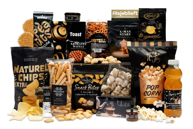 Feest op de bank kerstpakket met verschillende lekkernijen