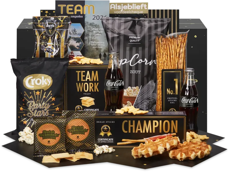 Feest vibes kerstpakket met heerlijke snacks en verrassingen.