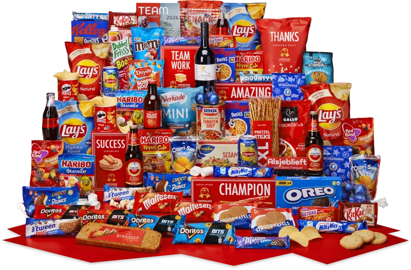 Feestbox kerstpakket met snacks en drankjes