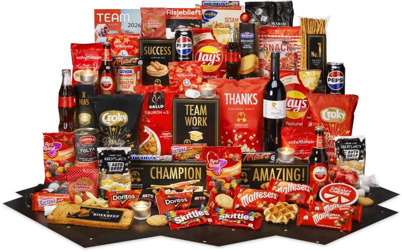 Feestelijk kerstpakket met A-merken en lekkernijen