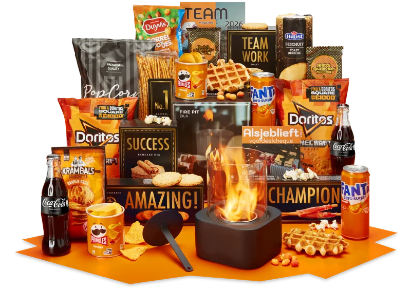 Feestvlam kerstpakket met tafelhaard en lekkernijen
