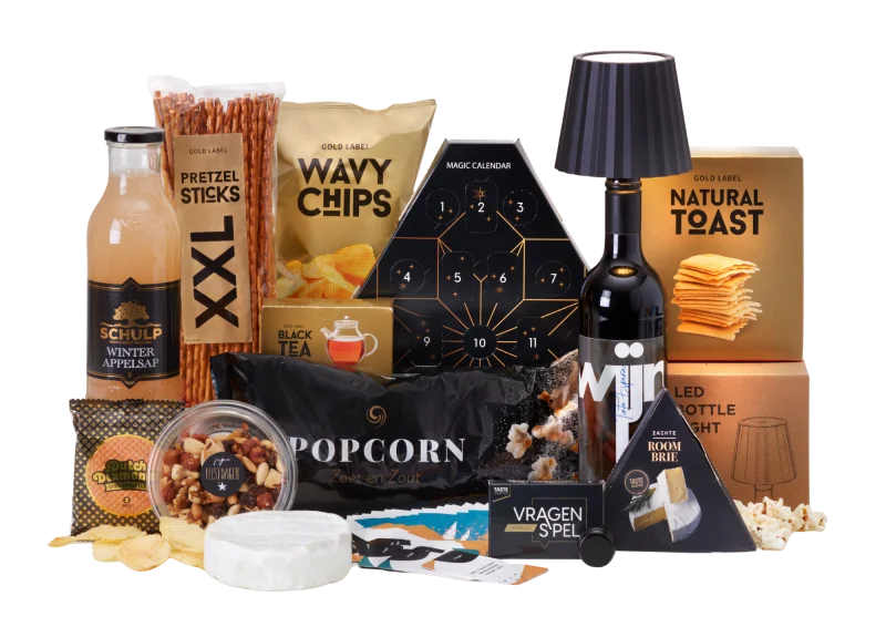 Flessenpost kerstpakket met wijn en lekkernijen