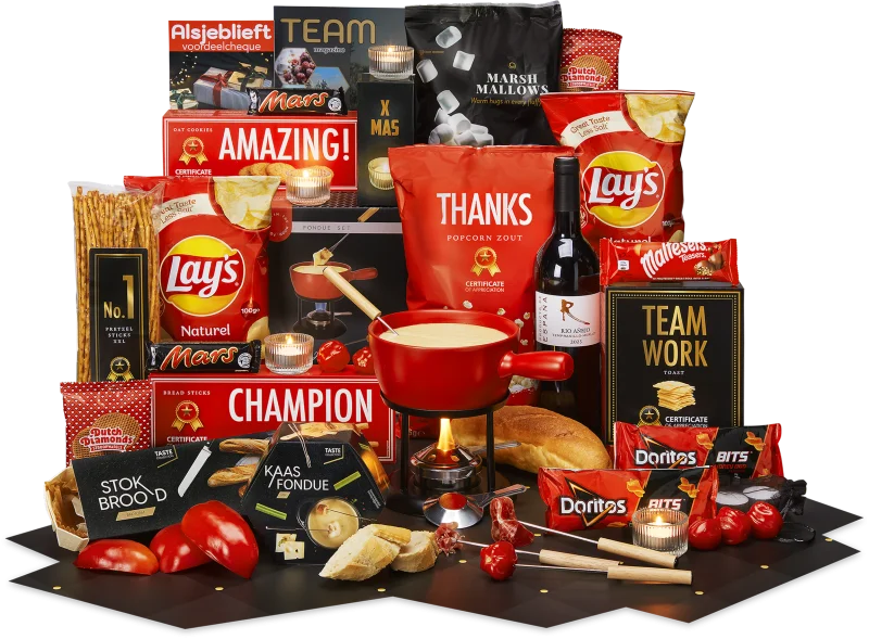 Fondue kerstpakket met A-merken en wijn