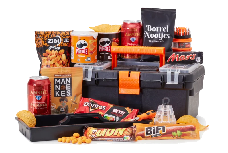 Geklust kerstpakket met gereedschapskoffer en snacks