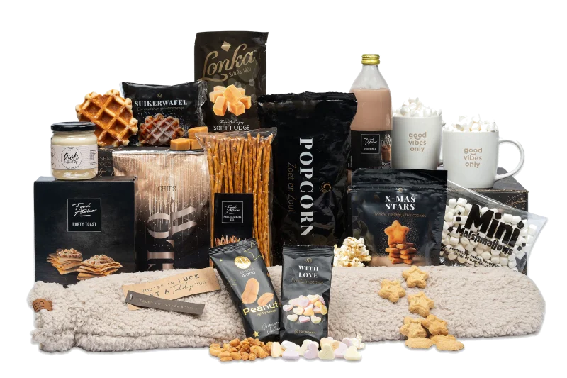 Gezelligheid kerstpakket vol lekkernijen en cadeaus