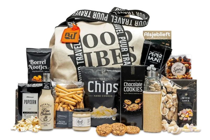 Good vibes kerstpakket met diverse lekkernijen en een shopper.