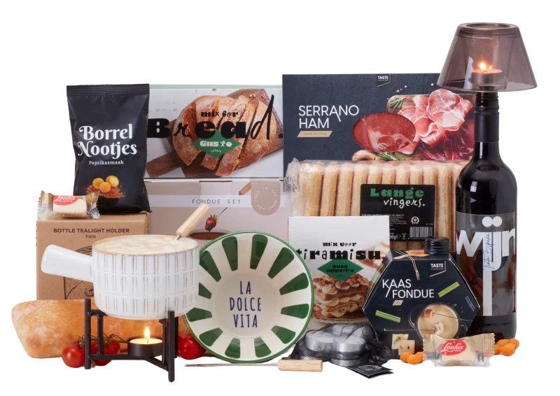 Kerstpakket Hartverwarmend met fondue, wijn en lekkernijen
