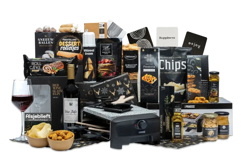 Kerstpakket met raclette steen grill en wijnglazen