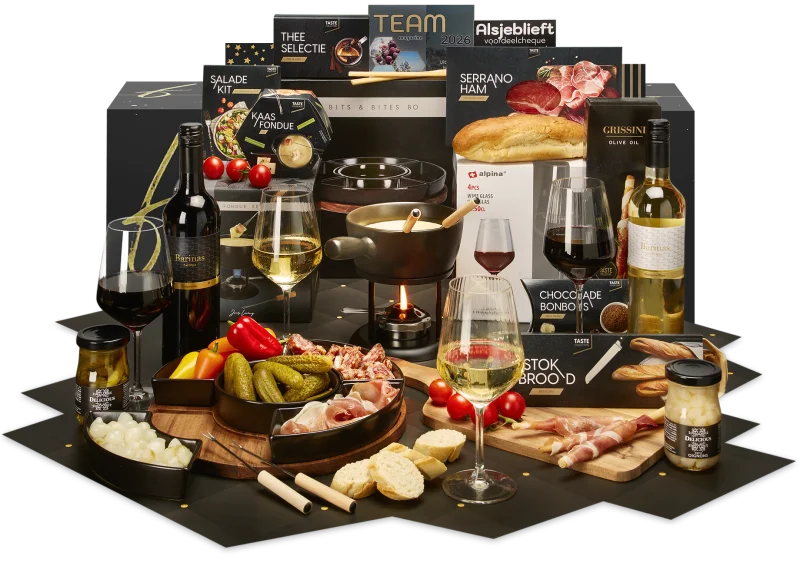 Hello Weekend kerstpakket met kaasfondue en wijnglazen