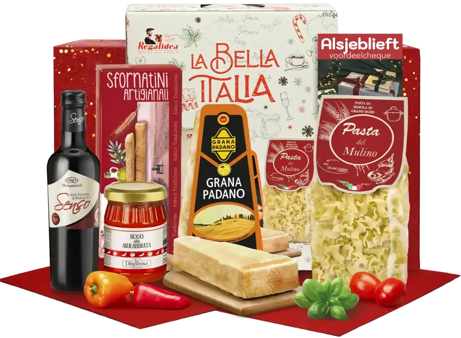 Mooi Italiaans kerstpakket met rode wijn en producten voor een paste te maken