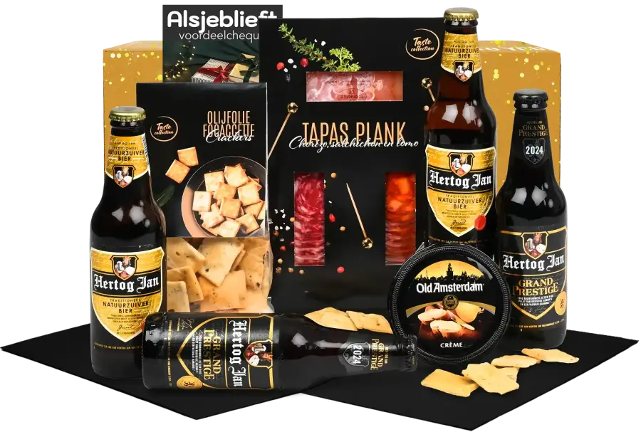 Bierkerstpakket met Hertog Jan bier, kaas en andere borrelhappen