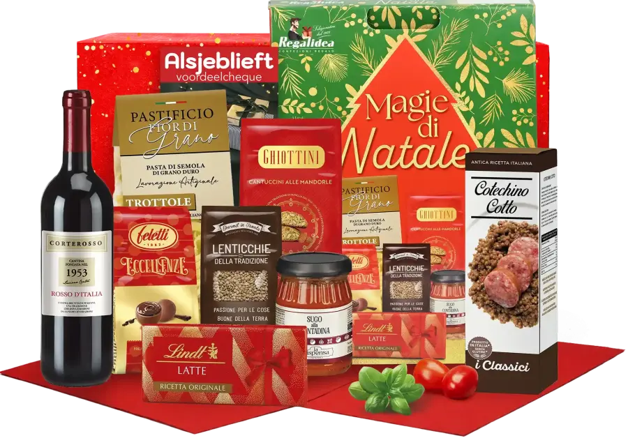 Mooi Italiaans kerstpakket met rode wijn en producten om paste te maken