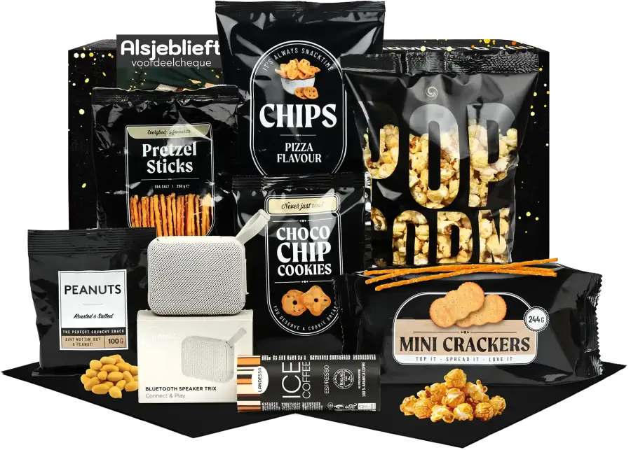 Klein kerstpakket met Brainz speaker trix taupe en diverse snacks