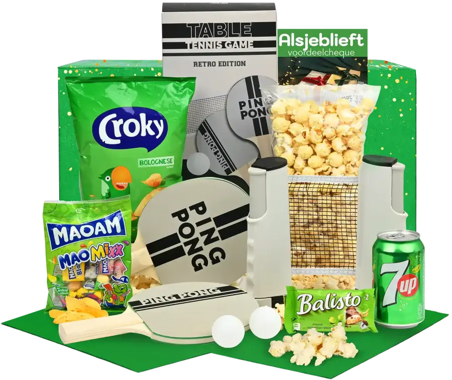 Mooi kerstpakket met living tafeltennis spel en zoete en hartige snacks
