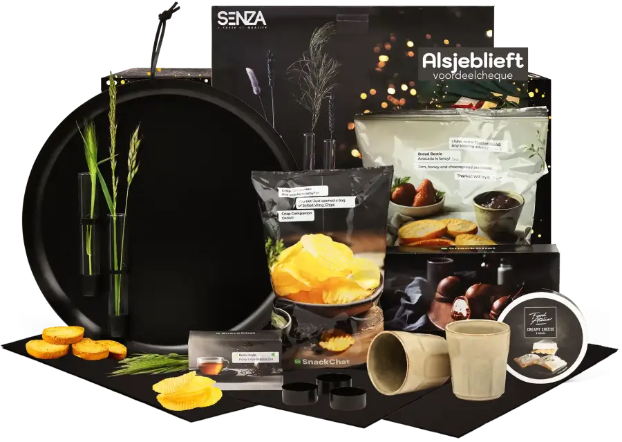 Goed gevuld kerstpakket met magnet deco tray, 2 mokken, thee en snacks