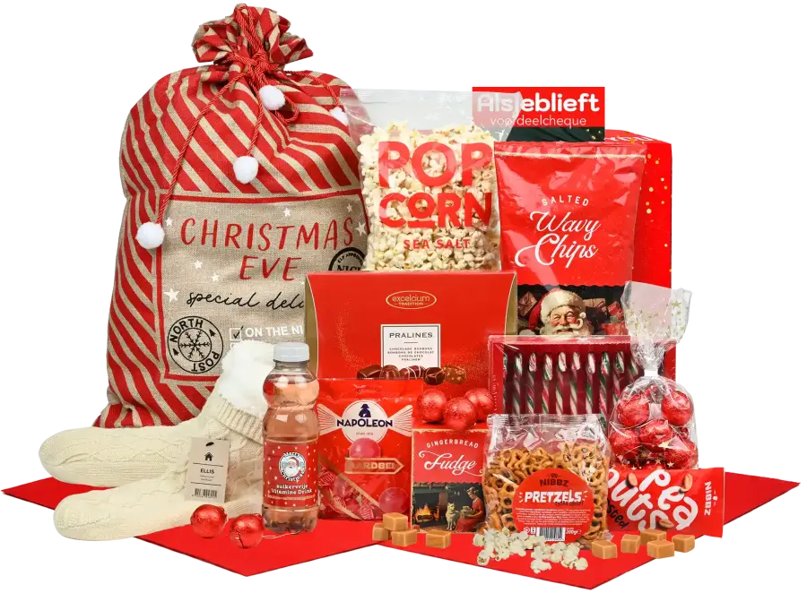 Mooi kerstpakket met huissokken, popcorn en andere snacks