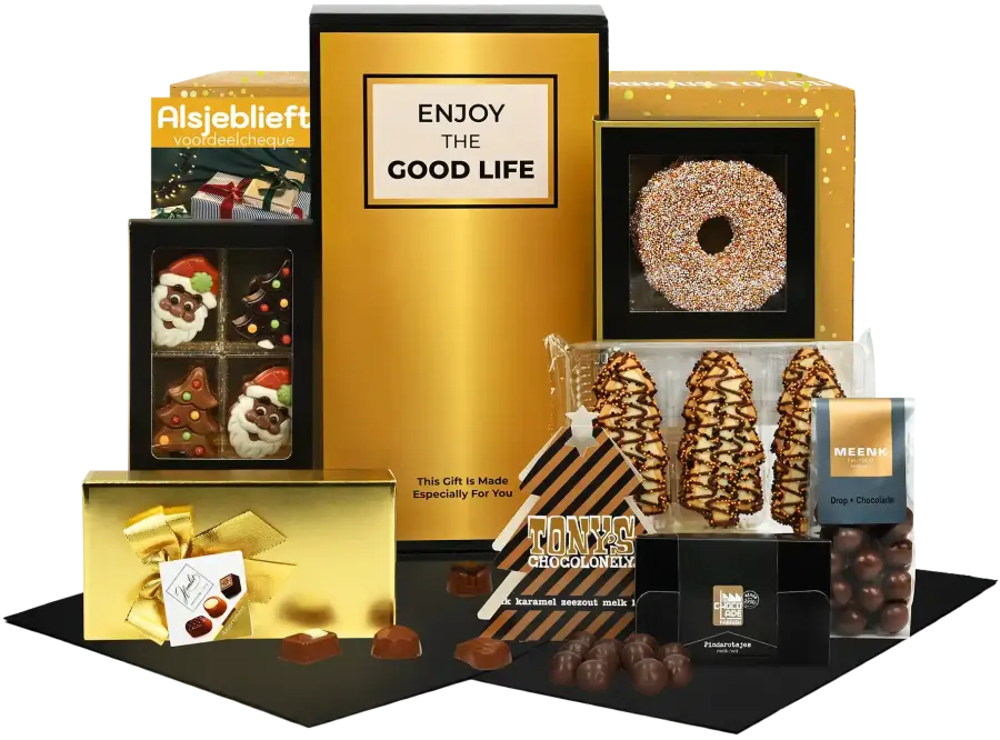Mooi kerstpakket met diverse chocolade hapjes