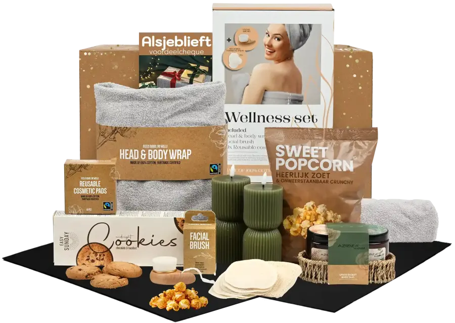Wellness kerstpakket met body care set, led kaars groen en een wellnessbox
