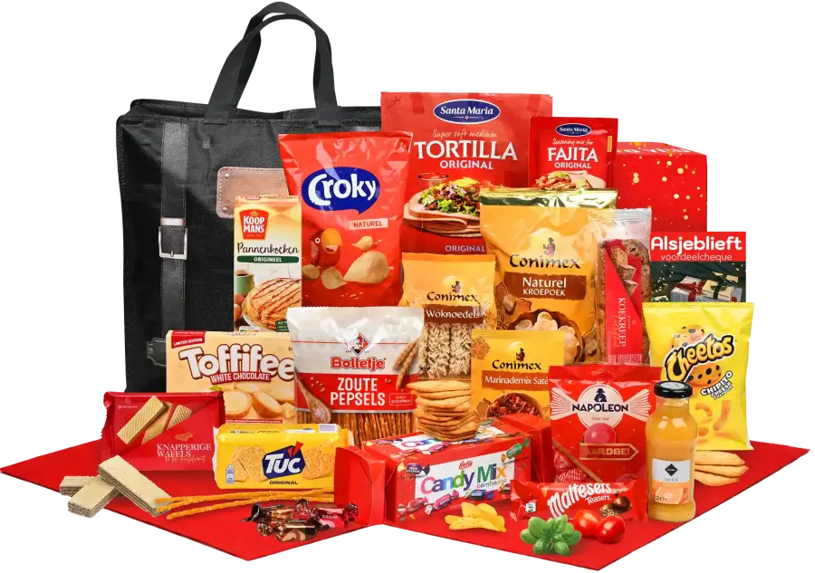 Goed gevuld kerstpakket met shopper backpack, juice en verschillende hapjes en producten voor een grote avond maaltijd