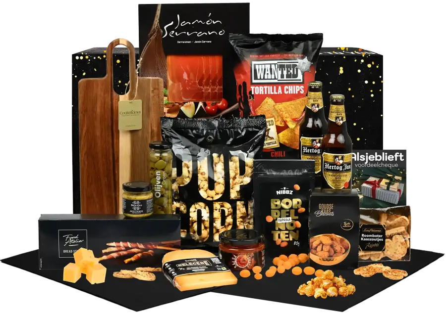 Goed gevuld kerstpakket met serveerplank, Hertog Jan en diverse snacks en dips voor een borrelavond