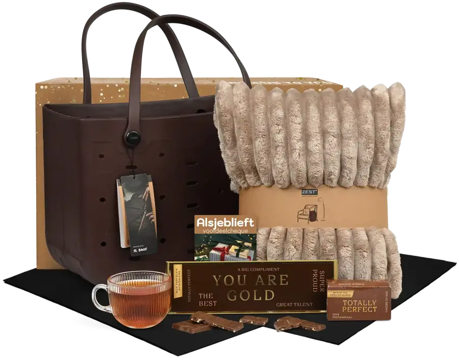 Cozy kerstpakket met ribbel plaid, bruine shopper, theeglas, chocolade en thee