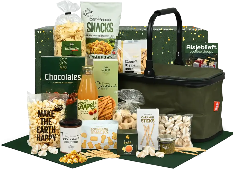 Kerstpakket met koelpicknickmand, groene thee, chocolade en andere snacks