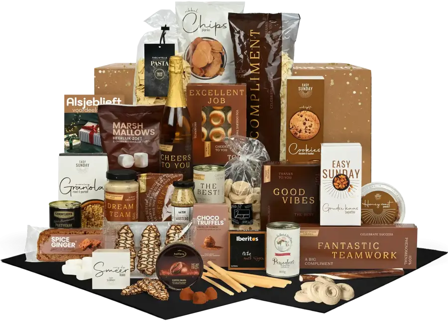 Goed gevuld kerstpakket met sparkling apple, en diverse zoete en hartige foodproducten