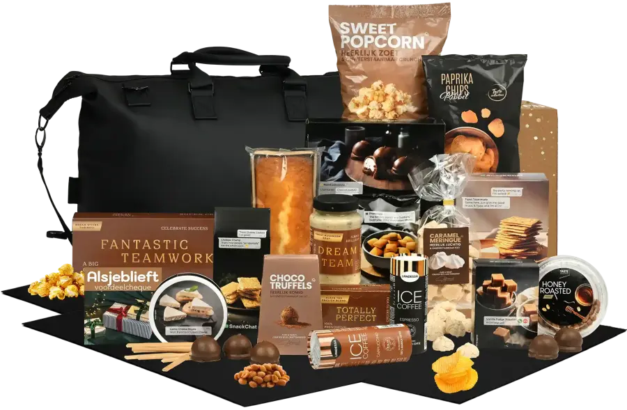 Mooi kerstpakket met 'work it' sport- & werktas, cake, chocozoenen en nog meer snacks