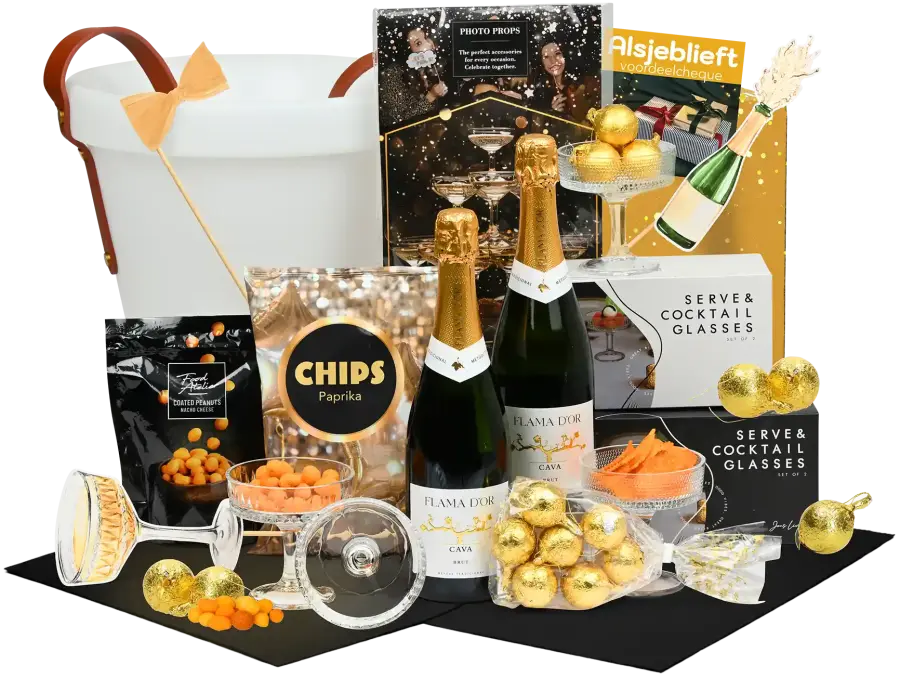 Feestelijk kerstpakket met 4 cocktailglazen, photo props, bloempot en led koeler, twee flessen cava en meerdere snacks