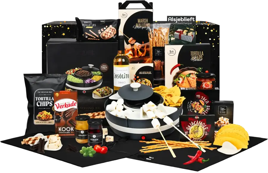 Mooi kerstpakket met party serving XXL, wijn en hapjes voor een avondmaal