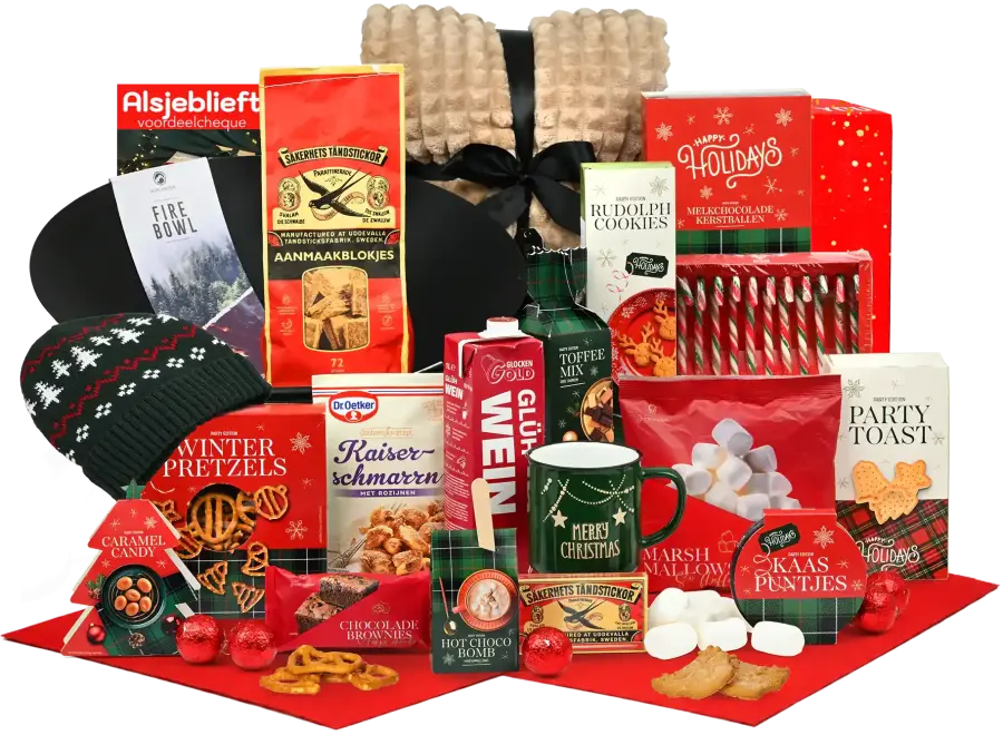 Kerstpakket voor bij de haard met kerstmok, ijzeren vuurschaal, plaid cappucino, muts en nog meer hapjes