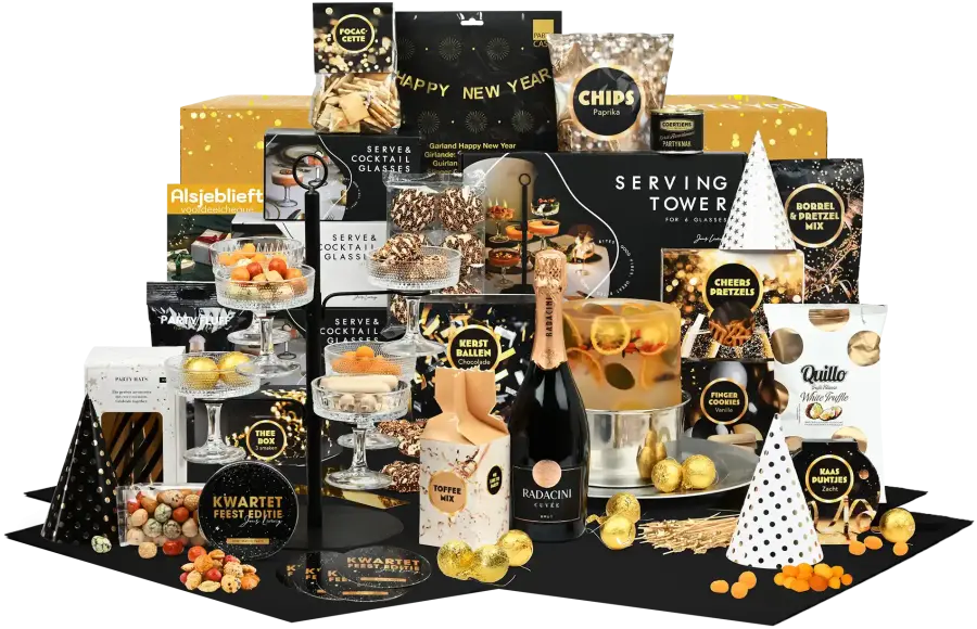 Kerstpakket om te proosten met cocktailglazen, cocktailprikkers, ijskoeler, festhoedjes en nog veel meer feestelijke producten en hapjes