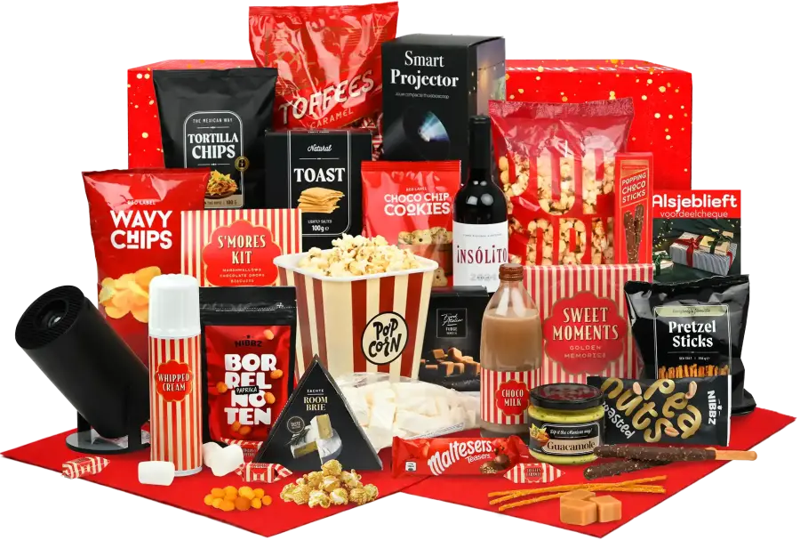 Filmavond kerstpakket met beam & stream, popcornschaal rood/wit, servetten en nog meer drankjes en snacks voor een filmavond