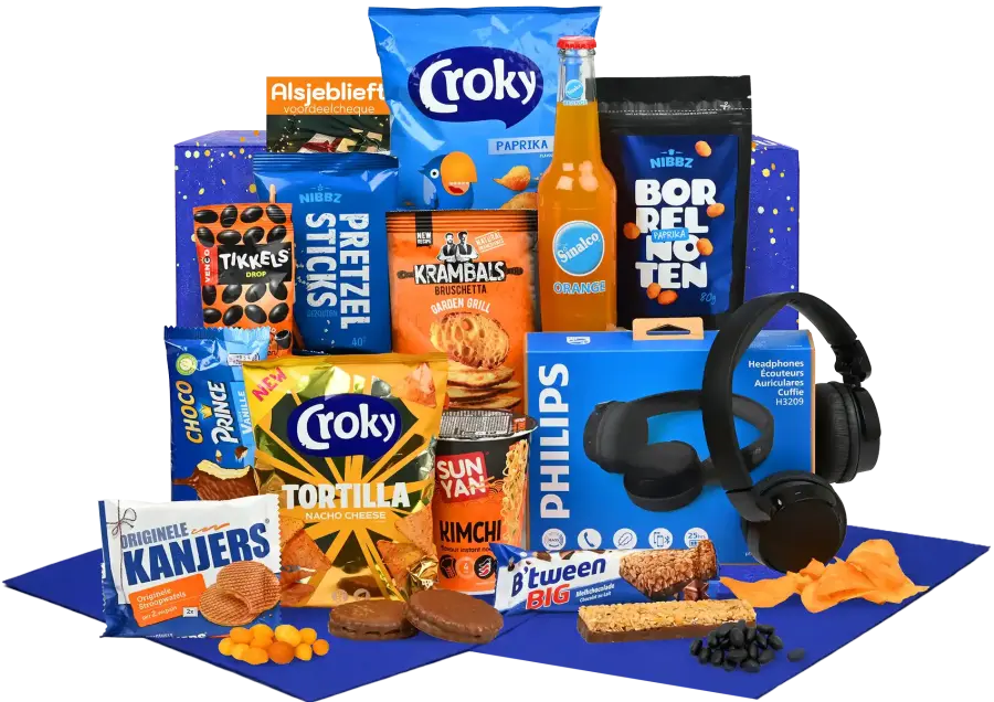 Mooi kerstpakket met Philips bluetooth overband koptelefoon en diverse hapjes en dranken